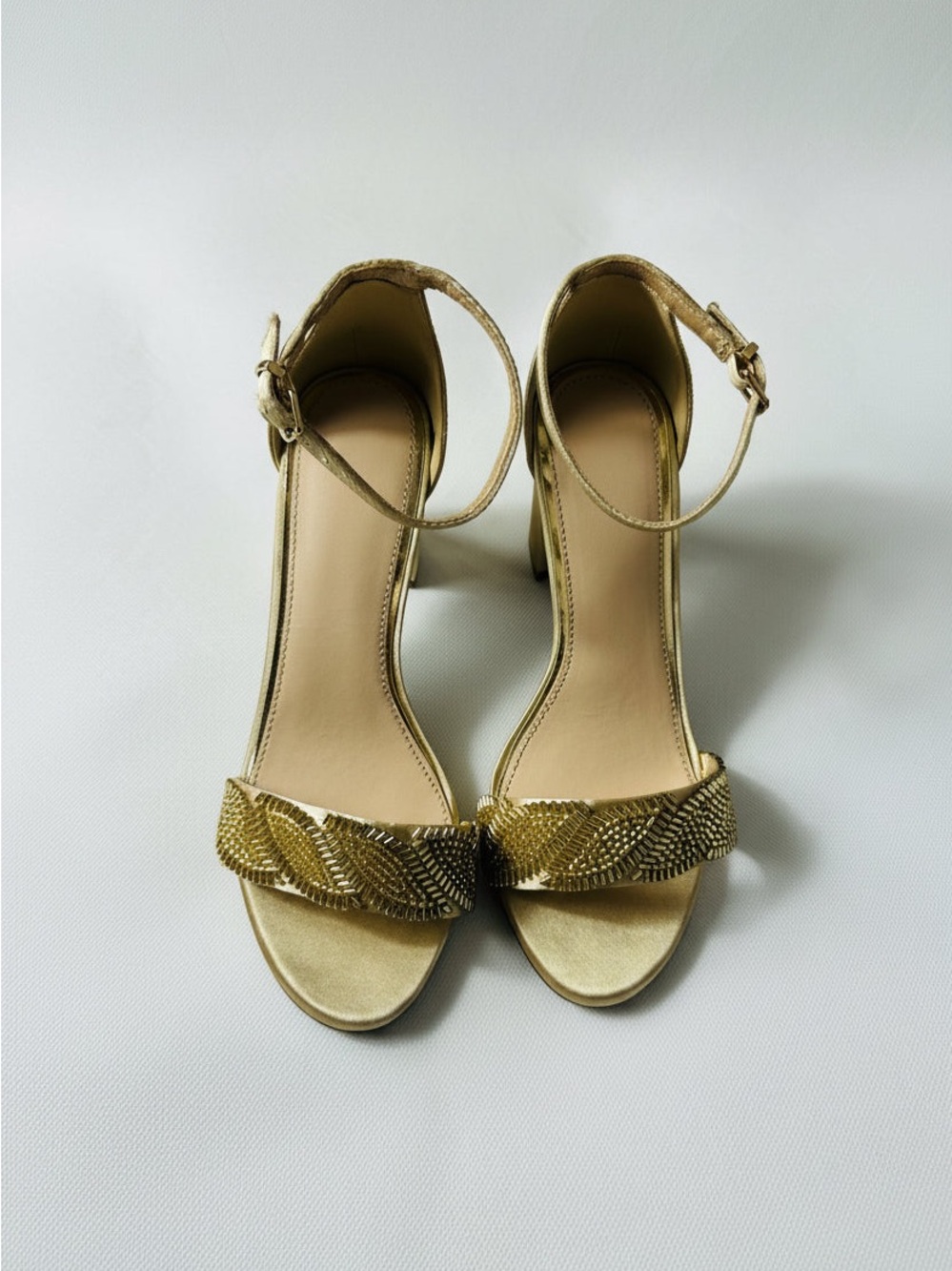 Metallic Gold Ankle-Strap Heeled Sandals